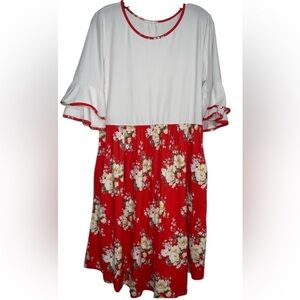 Reborn J White & Red Floral Colorblock Ruffle Sleeve Dress Pockets